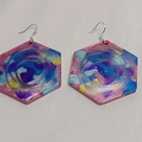 Hand Crafted Multicolor Hexagon Earrings - Picture 1 of 4